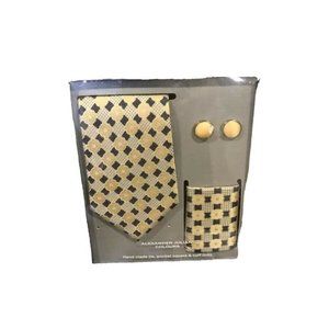 Alexander Julian Colours Hand Made Tie Pocket Square Cuff Links New in Box Gold